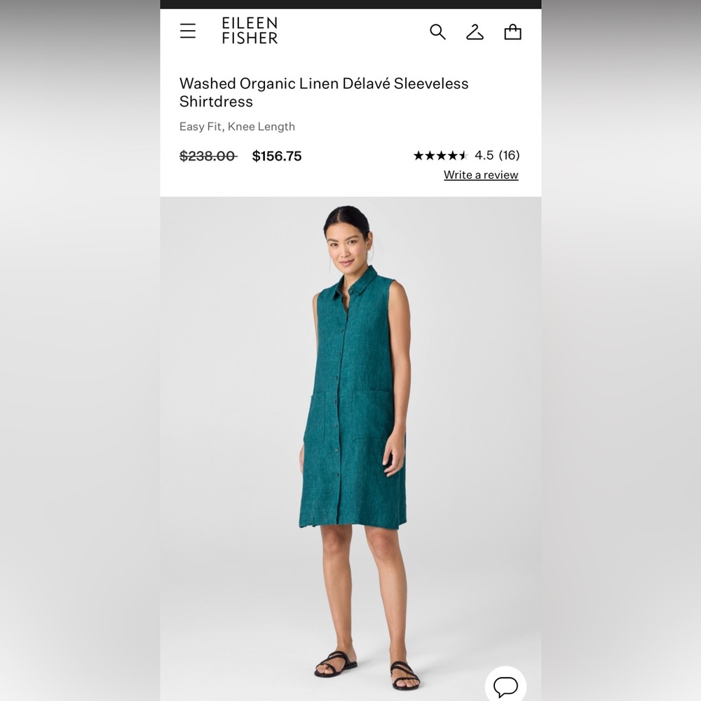 Eileen Fisher Washed Organic Linen Délavé Sleeveless Shirtdress (Color Nile)- XS